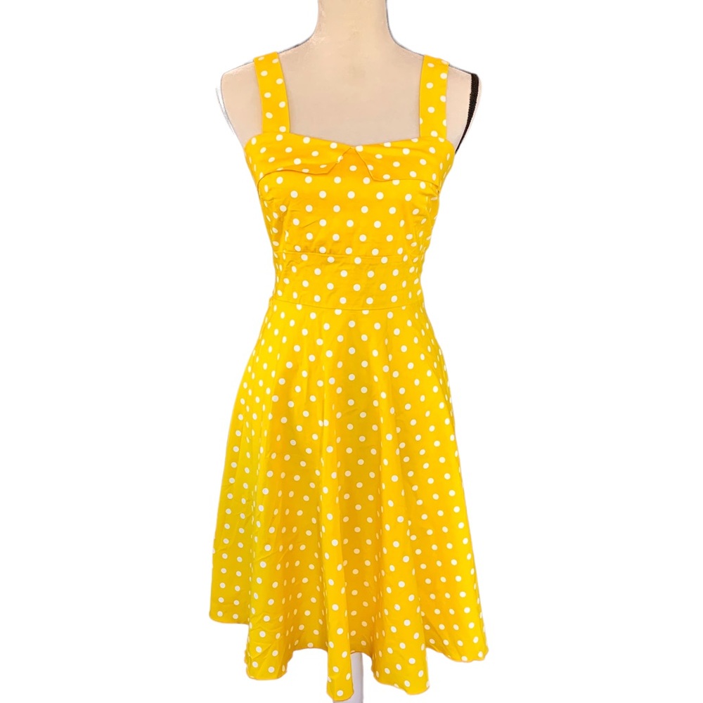 Vintage 80s does 50s Sara USA Sunny Yellow Polka Dot Pin-Up Fit and Flare Dress